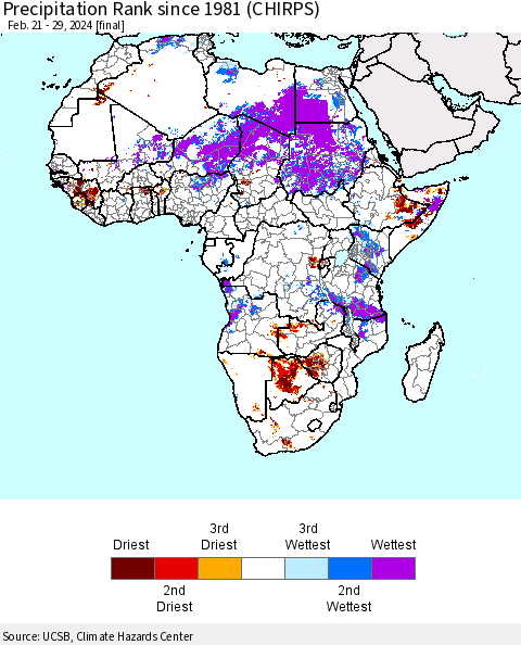 Africa Precipitation Rank since 1981 (CHIRPS) Thematic Map For 2/21/2024 - 2/29/2024