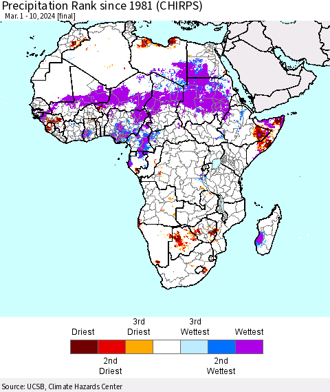 Africa Precipitation Rank since 1981 (CHIRPS) Thematic Map For 3/1/2024 - 3/10/2024
