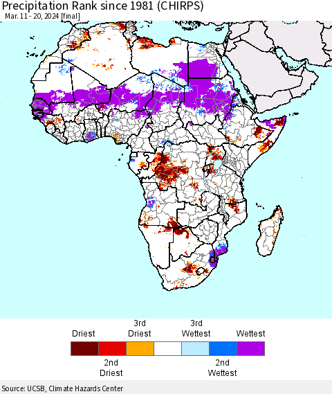 Africa Precipitation Rank since 1981 (CHIRPS) Thematic Map For 3/11/2024 - 3/20/2024