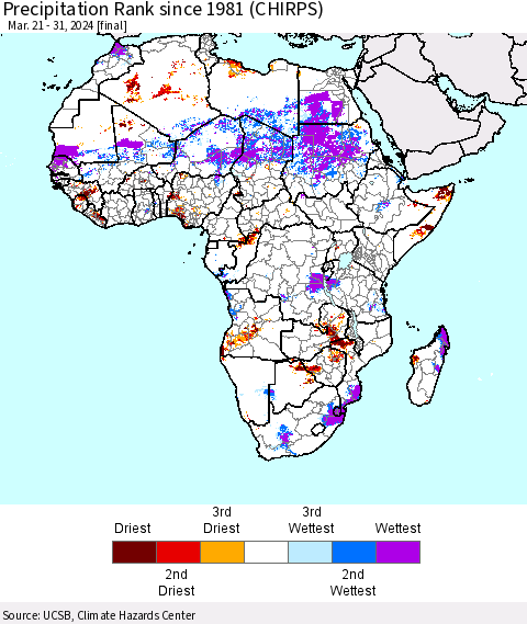 Africa Precipitation Rank since 1981 (CHIRPS) Thematic Map For 3/21/2024 - 3/31/2024