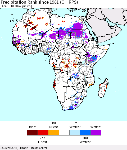 Africa Precipitation Rank since 1981 (CHIRPS) Thematic Map For 4/1/2024 - 4/10/2024