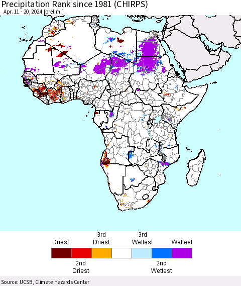 Africa Precipitation Rank since 1981 (CHIRPS) Thematic Map For 4/11/2024 - 4/20/2024