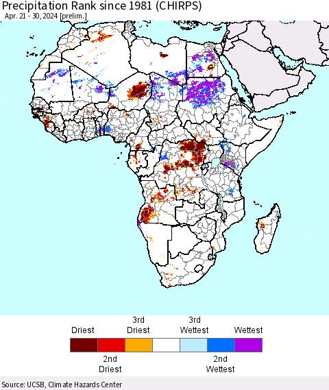 Africa Precipitation Rank since 1981 (CHIRPS) Thematic Map For 4/21/2024 - 4/30/2024