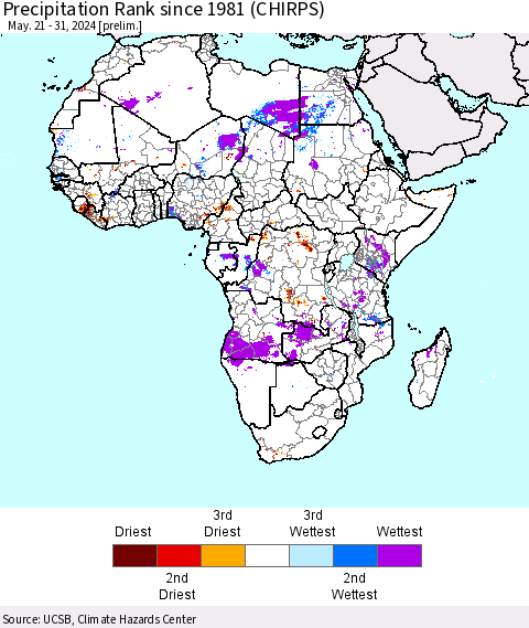 Africa Precipitation Rank since 1981 (CHIRPS) Thematic Map For 5/21/2024 - 5/31/2024