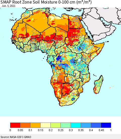 Africa SMAP Root Zone (0-100 cm) Soil Moisture (m³/m³) Thematic Map For 1/1/2021 - 1/5/2021