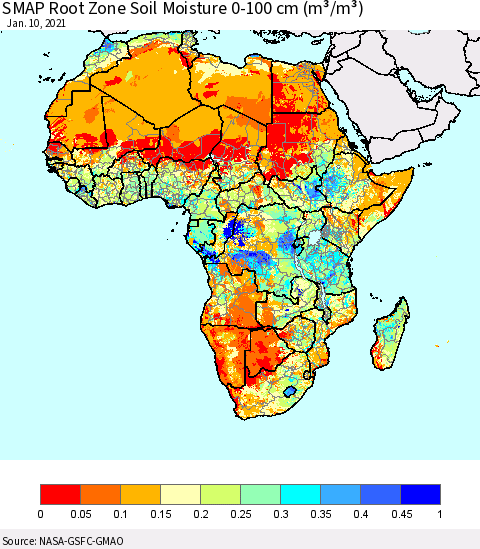 Africa SMAP Root Zone (0-100 cm) Soil Moisture (m³/m³) Thematic Map For 1/6/2021 - 1/10/2021