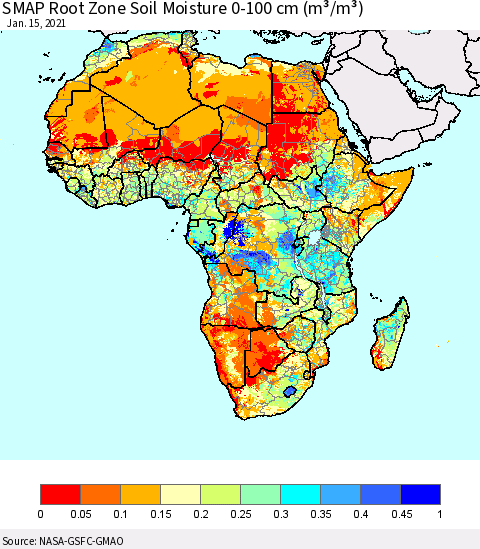 Africa SMAP Root Zone (0-100 cm) Soil Moisture (m³/m³) Thematic Map For 1/11/2021 - 1/15/2021