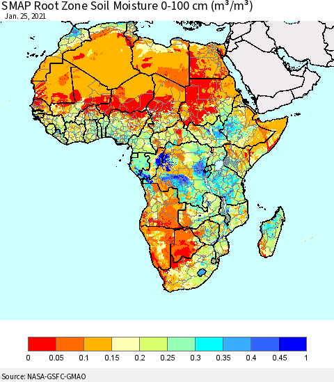 Africa SMAP Root Zone (0-100 cm) Soil Moisture (m³/m³) Thematic Map For 1/21/2021 - 1/25/2021