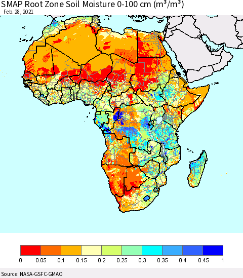 Africa SMAP Root Zone (0-100 cm) Soil Moisture (m³/m³) Thematic Map For 2/26/2021 - 2/28/2021
