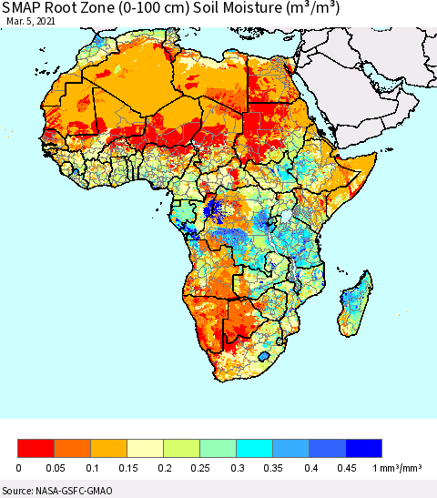 Africa SMAP Root Zone (0-100 cm) Soil Moisture (m³/m³) Thematic Map For 3/1/2021 - 3/5/2021