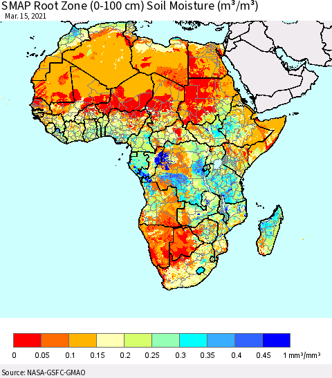 Africa SMAP Root Zone (0-100 cm) Soil Moisture (m³/m³) Thematic Map For 3/11/2021 - 3/15/2021