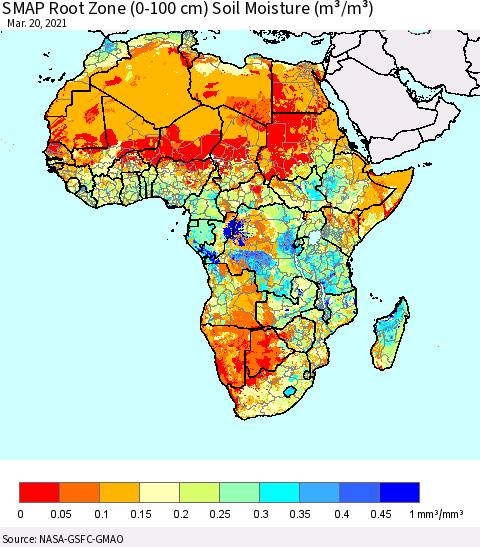 Africa SMAP Root Zone (0-100 cm) Soil Moisture (m³/m³) Thematic Map For 3/16/2021 - 3/20/2021