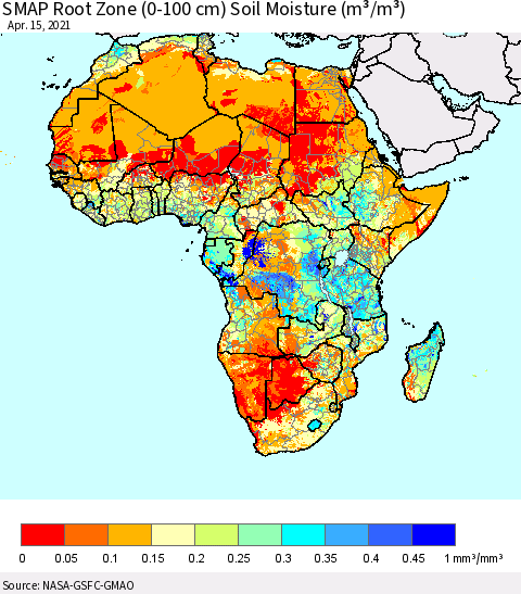 Africa SMAP Root Zone (0-100 cm) Soil Moisture (m³/m³) Thematic Map For 4/11/2021 - 4/15/2021