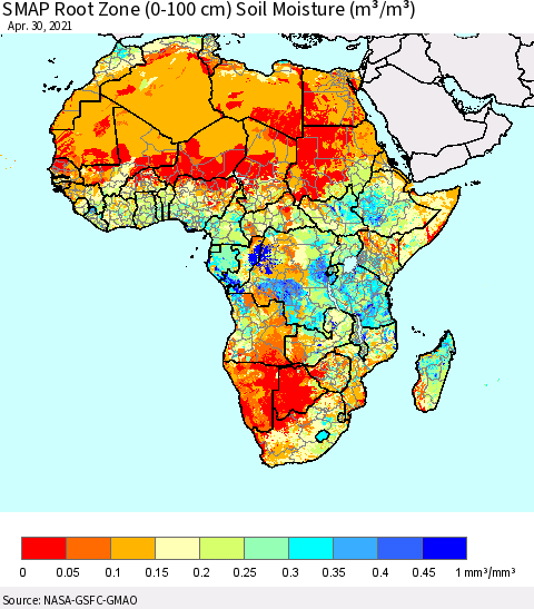 Africa SMAP Root Zone (0-100 cm) Soil Moisture (m³/m³) Thematic Map For 4/26/2021 - 4/30/2021