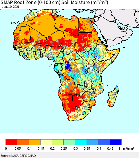 Africa SMAP Root Zone (0-100 cm) Soil Moisture (m³/m³) Thematic Map For 6/6/2021 - 6/10/2021
