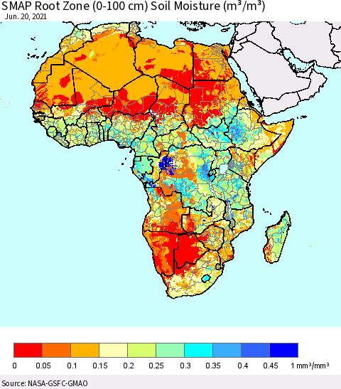 Africa SMAP Root Zone (0-100 cm) Soil Moisture (m³/m³) Thematic Map For 6/16/2021 - 6/20/2021