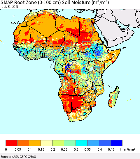 Africa SMAP Root Zone (0-100 cm) Soil Moisture (m³/m³) Thematic Map For 7/26/2021 - 7/31/2021