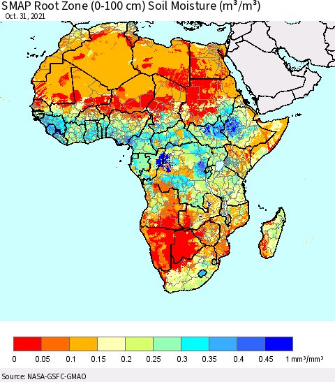 Africa SMAP Root Zone (0-100 cm) Soil Moisture (m³/m³) Thematic Map For 10/26/2021 - 10/31/2021