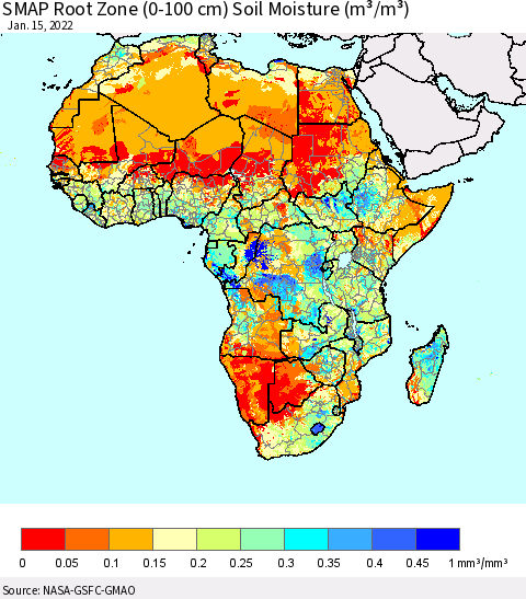Africa SMAP Root Zone (0-100 cm) Soil Moisture (m³/m³) Thematic Map For 1/11/2022 - 1/15/2022