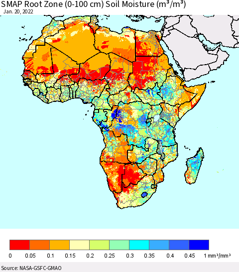 Africa SMAP Root Zone (0-100 cm) Soil Moisture (m³/m³) Thematic Map For 1/16/2022 - 1/20/2022