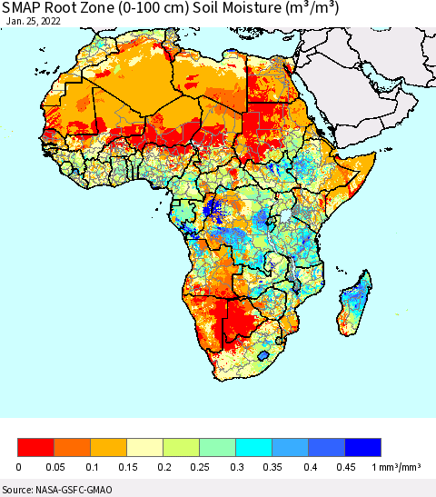 Africa SMAP Root Zone (0-100 cm) Soil Moisture (m³/m³) Thematic Map For 1/21/2022 - 1/25/2022