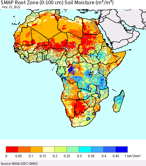 Africa SMAP Root Zone (0-100 cm) Soil Moisture (m³/m³) Thematic Map For 2/11/2022 - 2/15/2022