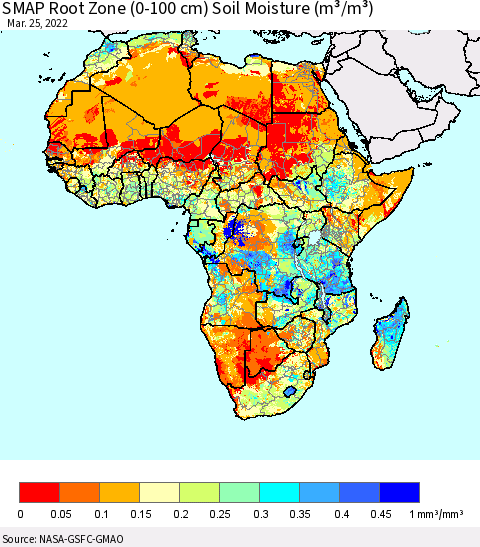 Africa SMAP Root Zone (0-100 cm) Soil Moisture (m³/m³) Thematic Map For 3/21/2022 - 3/25/2022