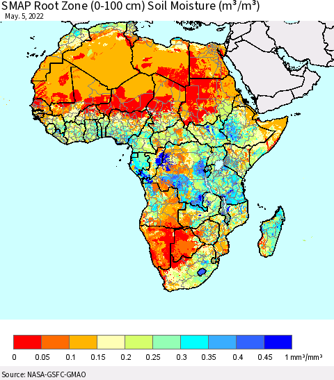 Africa SMAP Root Zone (0-100 cm) Soil Moisture (m³/m³) Thematic Map For 5/1/2022 - 5/5/2022