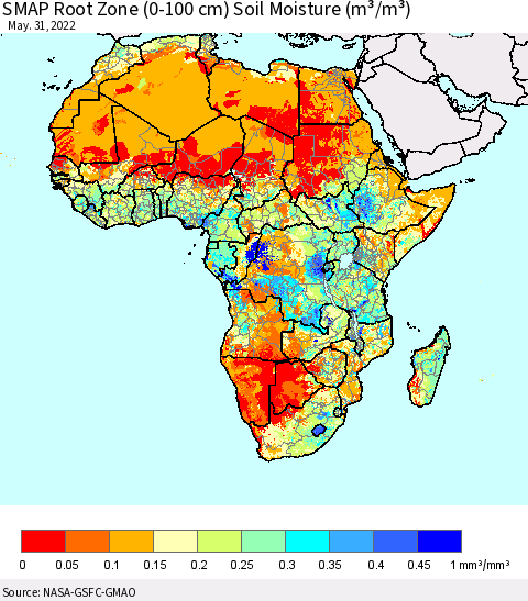 Africa SMAP Root Zone (0-100 cm) Soil Moisture (m³/m³) Thematic Map For 5/26/2022 - 5/31/2022