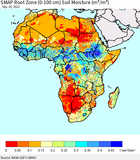 Africa SMAP Root Zone (0-100 cm) Soil Moisture (m³/m³) Thematic Map For 9/16/2022 - 9/20/2022