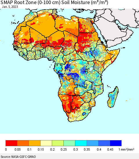 Africa SMAP Root Zone (0-100 cm) Soil Moisture (m³/m³) Thematic Map For 1/1/2023 - 1/5/2023