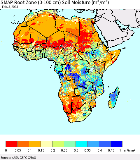 Africa SMAP Root Zone (0-100 cm) Soil Moisture (m³/m³) Thematic Map For 2/1/2023 - 2/5/2023