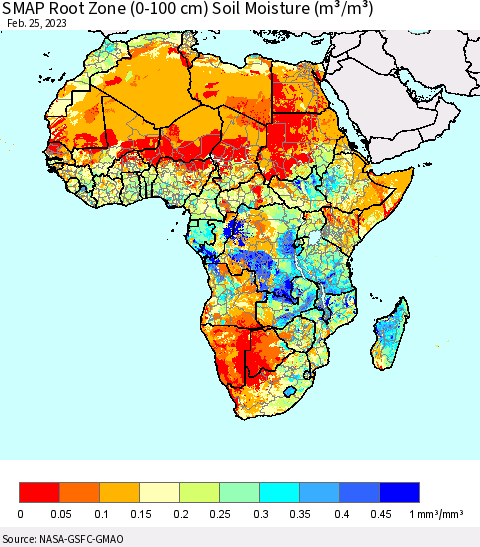 Africa SMAP Root Zone (0-100 cm) Soil Moisture (m³/m³) Thematic Map For 2/21/2023 - 2/25/2023