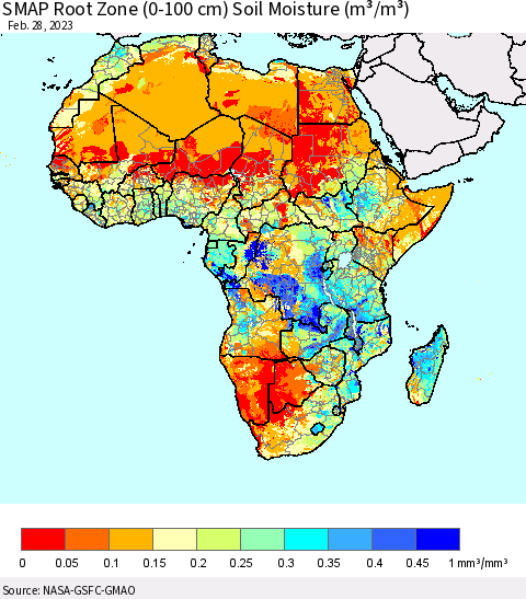 Africa SMAP Root Zone (0-100 cm) Soil Moisture (m³/m³) Thematic Map For 2/26/2023 - 2/28/2023