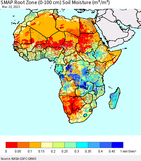 Africa SMAP Root Zone (0-100 cm) Soil Moisture (m³/m³) Thematic Map For 3/6/2023 - 3/10/2023