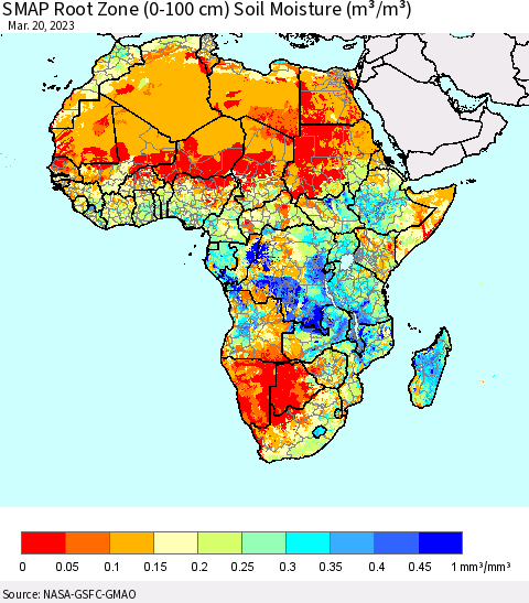Africa SMAP Root Zone (0-100 cm) Soil Moisture (m³/m³) Thematic Map For 3/16/2023 - 3/20/2023