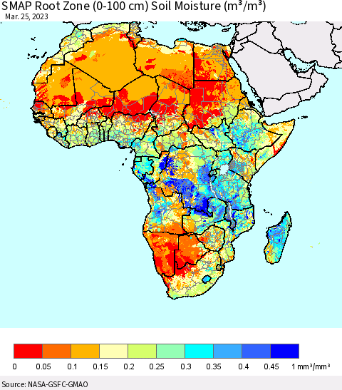 Africa SMAP Root Zone (0-100 cm) Soil Moisture (m³/m³) Thematic Map For 3/21/2023 - 3/25/2023