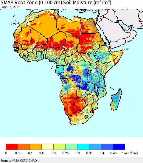 Africa SMAP Root Zone (0-100 cm) Soil Moisture (m³/m³) Thematic Map For 4/11/2023 - 4/15/2023