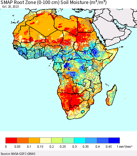 Africa SMAP Root Zone (0-100 cm) Soil Moisture (m³/m³) Thematic Map For 10/16/2023 - 10/20/2023