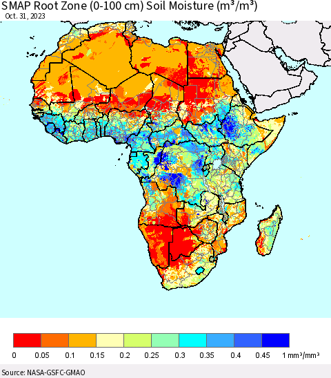 Africa SMAP Root Zone (0-100 cm) Soil Moisture (m³/m³) Thematic Map For 10/26/2023 - 10/31/2023