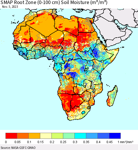 Africa SMAP Root Zone (0-100 cm) Soil Moisture (m³/m³) Thematic Map For 11/1/2023 - 11/5/2023