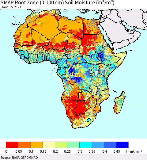 Africa SMAP Root Zone (0-100 cm) Soil Moisture (m³/m³) Thematic Map For 11/11/2023 - 11/15/2023