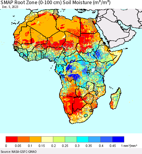 Africa SMAP Root Zone (0-100 cm) Soil Moisture (m³/m³) Thematic Map For 12/1/2023 - 12/5/2023