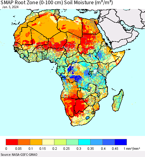 Africa SMAP Root Zone (0-100 cm) Soil Moisture (m³/m³) Thematic Map For 1/1/2024 - 1/5/2024