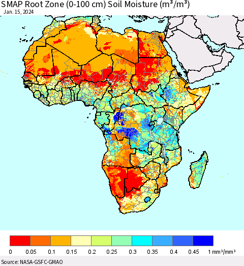 Africa SMAP Root Zone (0-100 cm) Soil Moisture (m³/m³) Thematic Map For 1/11/2024 - 1/15/2024