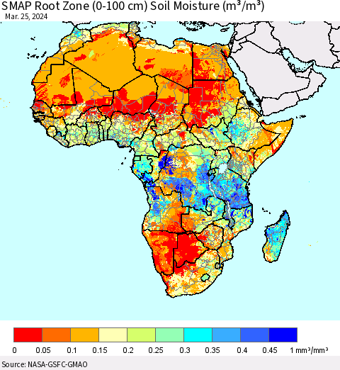 Africa SMAP Root Zone (0-100 cm) Soil Moisture (m³/m³) Thematic Map For 3/21/2024 - 3/25/2024