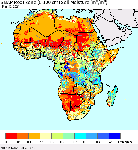 Africa SMAP Root Zone (0-100 cm) Soil Moisture (m³/m³) Thematic Map For 3/26/2024 - 3/31/2024
