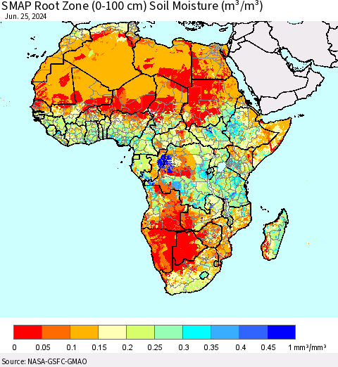 Africa SMAP Root Zone (0-100 cm) Soil Moisture (m³/m³) Thematic Map For 6/21/2024 - 6/25/2024