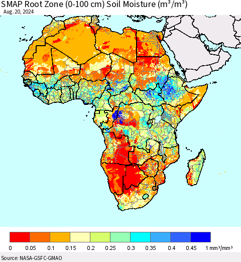 Africa SMAP Root Zone (0-100 cm) Soil Moisture (m³/m³) Thematic Map For 8/16/2024 - 8/20/2024
