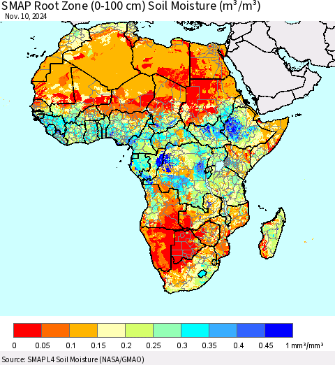 Africa SMAP Root Zone (0-100 cm) Soil Moisture (m³/m³) Thematic Map For 11/6/2024 - 11/10/2024